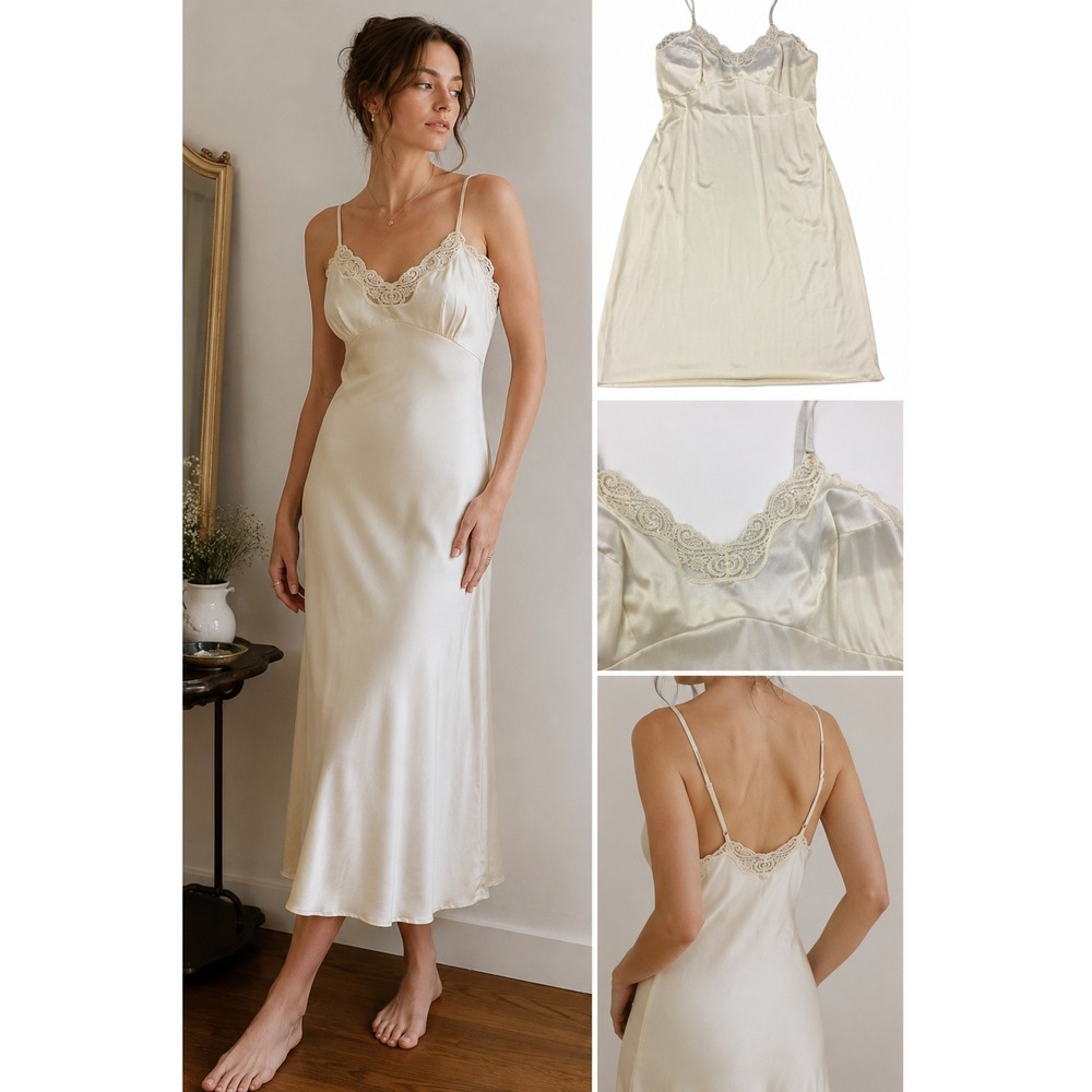 Vintage JCPenney Negligee Nightgown Slip Dress Womens Small Cream Satin Lace